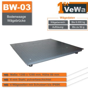 Bodenwaage BW-03 - 1250 x 1250 mm - Wägebereich bis 6000 kg - Ablesbarkeit bis 50 g